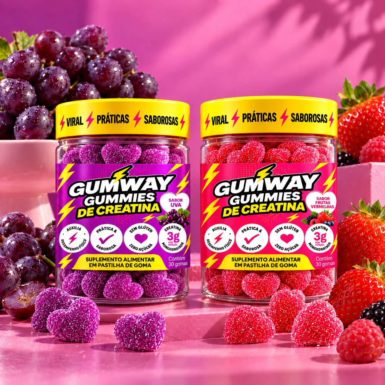 Potes Gumway Uva e Frutas Vermelhas com frutas e gomas em coração